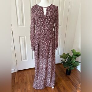 ANAMÁ - Chiffon Maroon & Cream Long Sleeve Lined Maxi Dress - Size Medium